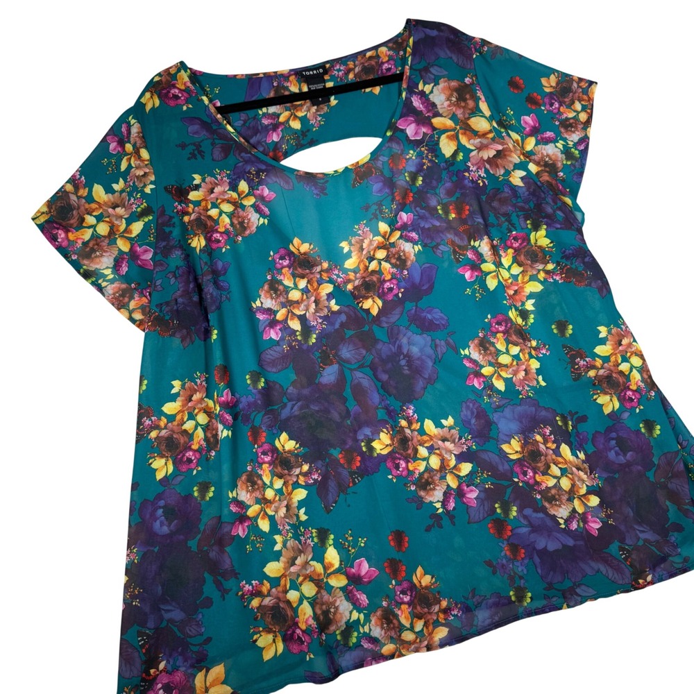 Torrid Floral Chiffon Open Back Blouse Teal Green Purple Butterfly Size 3 3X